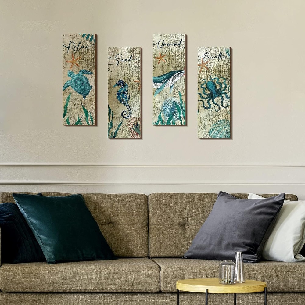 4 Pieces Beach Bathroom Decor Wall Sign Art Ocean Decor Sea Turtle Wall Art Naut