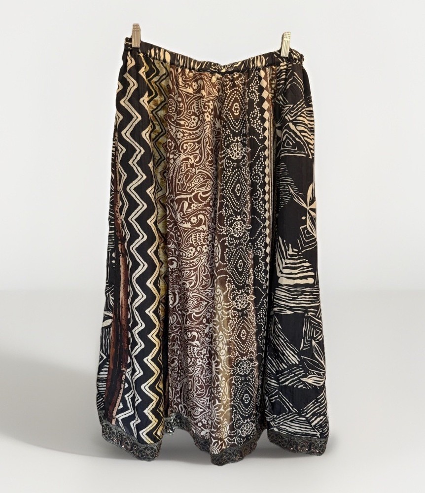 Chicos 100% Silk Boho Patchwork Pull On Maxi Skirt Tribal Fest Indie Size 3 (XL)