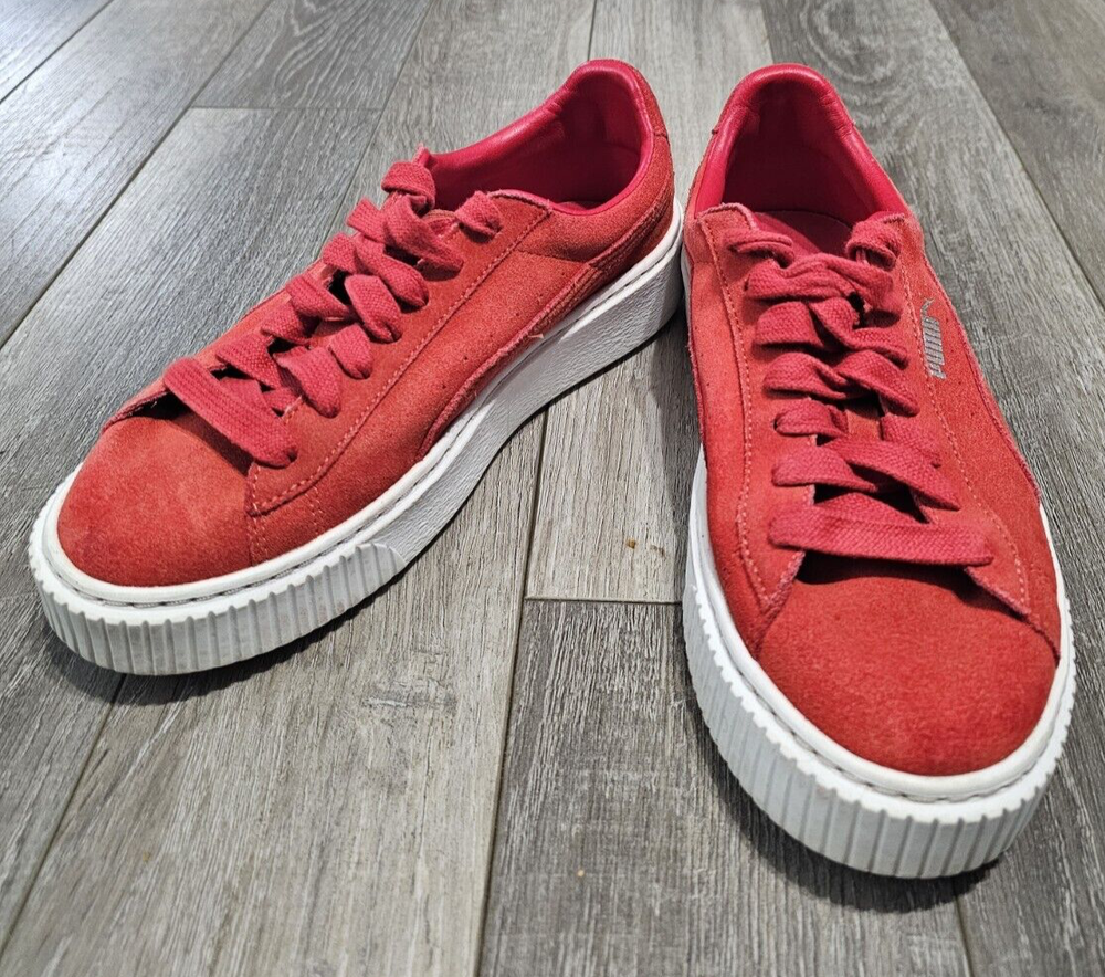 PumaSuede Platform Barbados Sneakers Womens 7  Cherry Red White Casual Shoe Logo