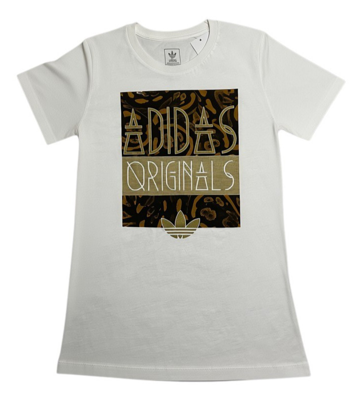 Adidas Originals Women’s White Graphic T-Shirt Leopard Print Logo Tee Size L NEW