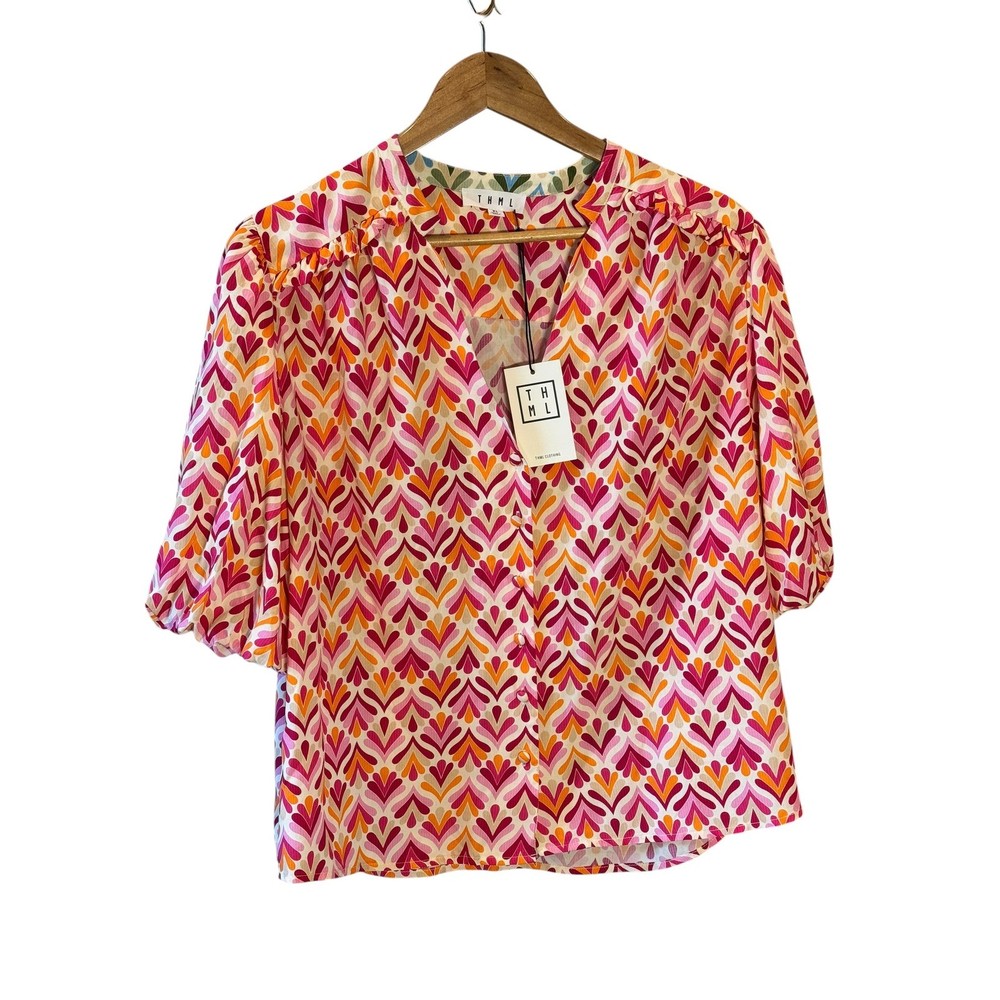 THML Pink Orange Geometric Print Puff Sleeve V-Neck Blouse XL NWT