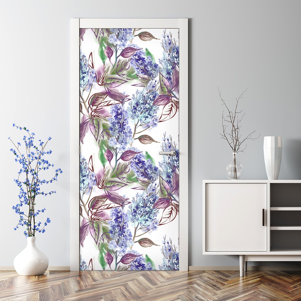 Lilac Watercolor Bubble-Free Door Sticker Violet Floral Illustration Decal
