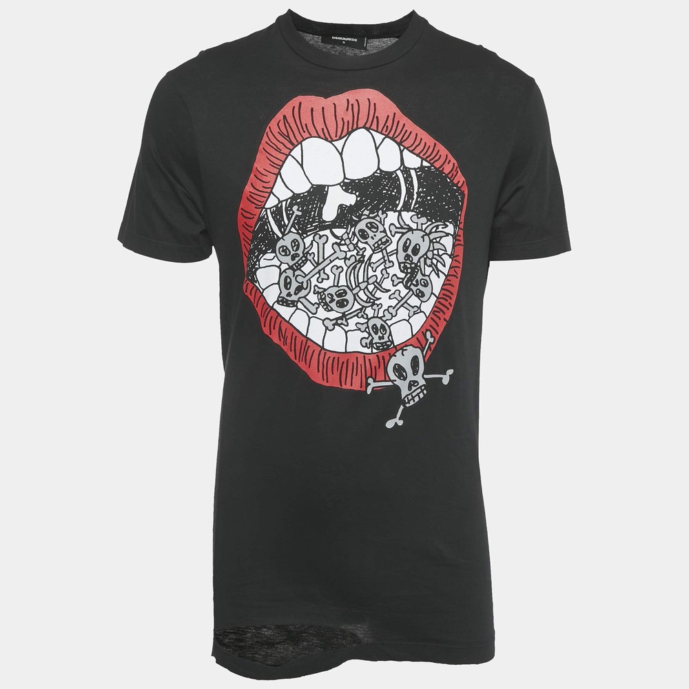 Dsquared2 Black Printed Jersey Long Cool Twisted Ripped TShirt S
