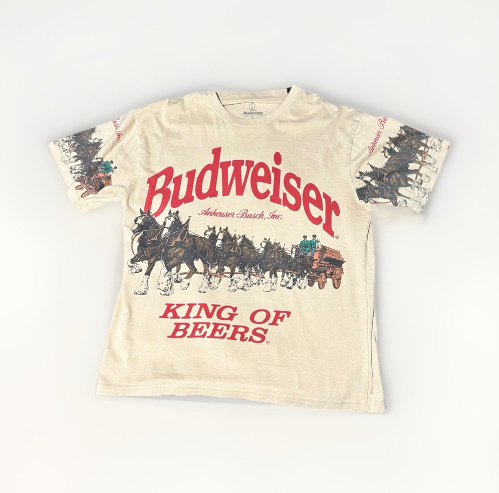 Budweiser Men's Beige King of Beers Graphic Logo Crew Neck T-Shirt, Size L