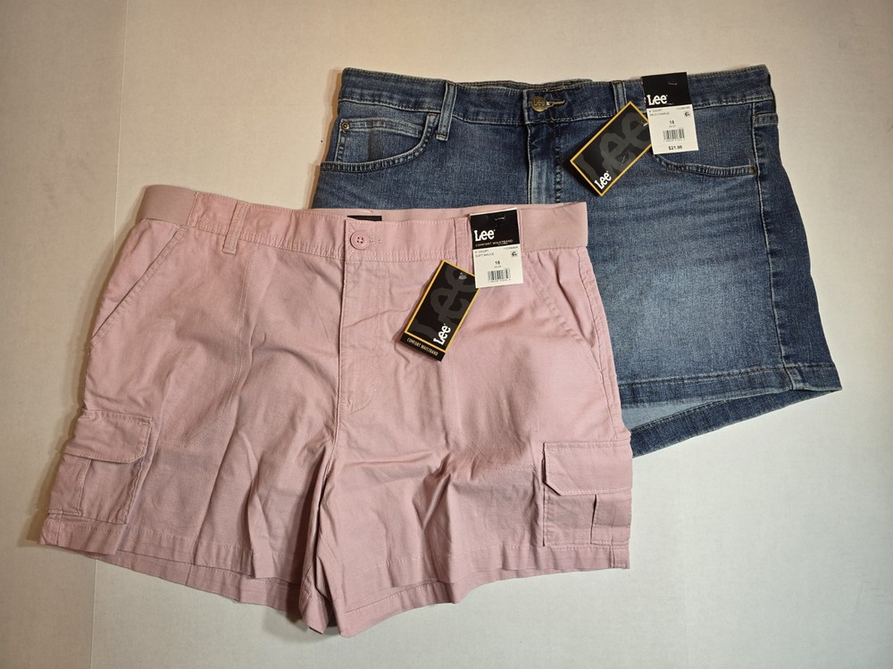 New! Set Of 2! Lee Womens Plus Size 18 Shorts, Blue and Pink/Mauve, NWT