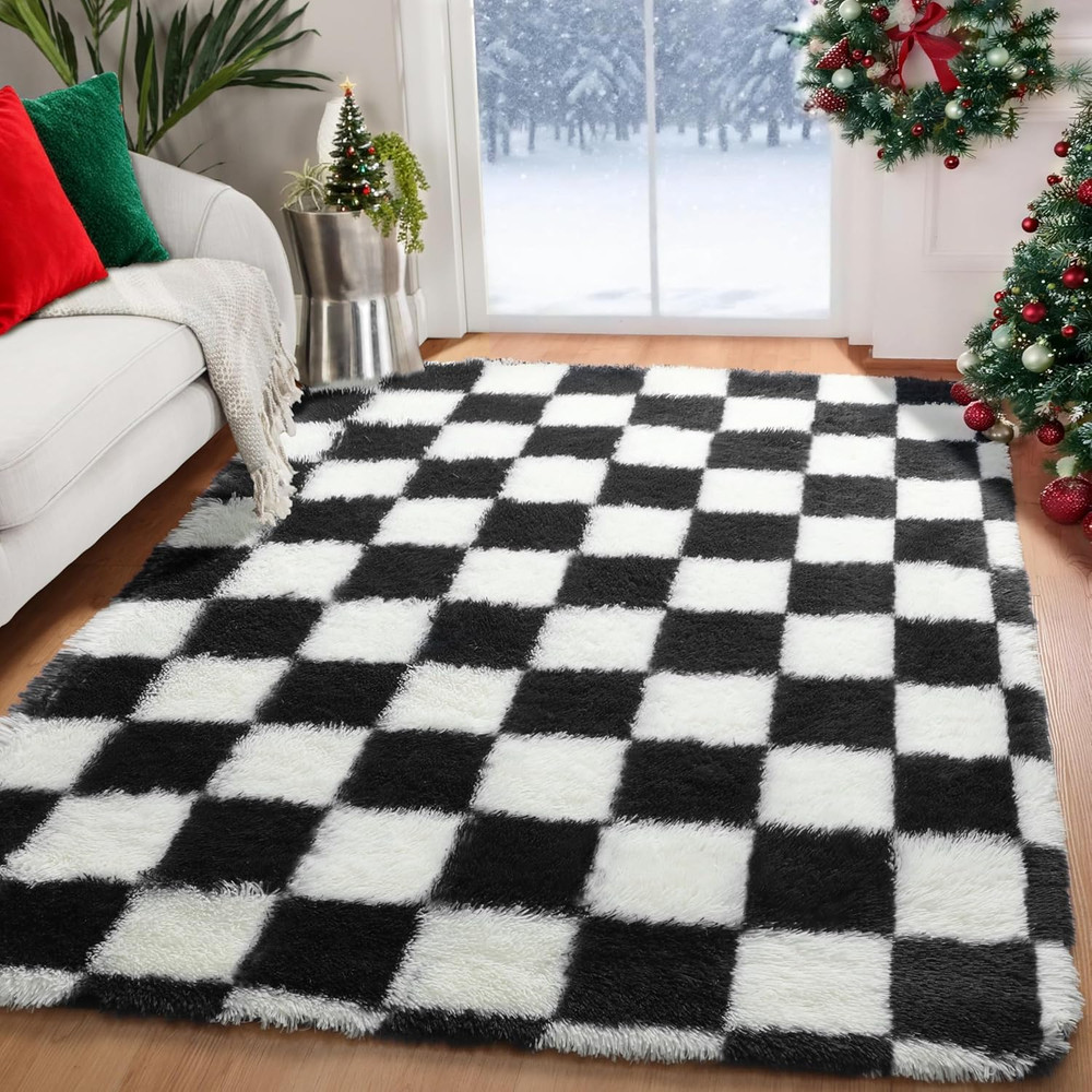 4x6 Black White Checkered Shag Area Rug Soft Fluffy Bedroom Decor