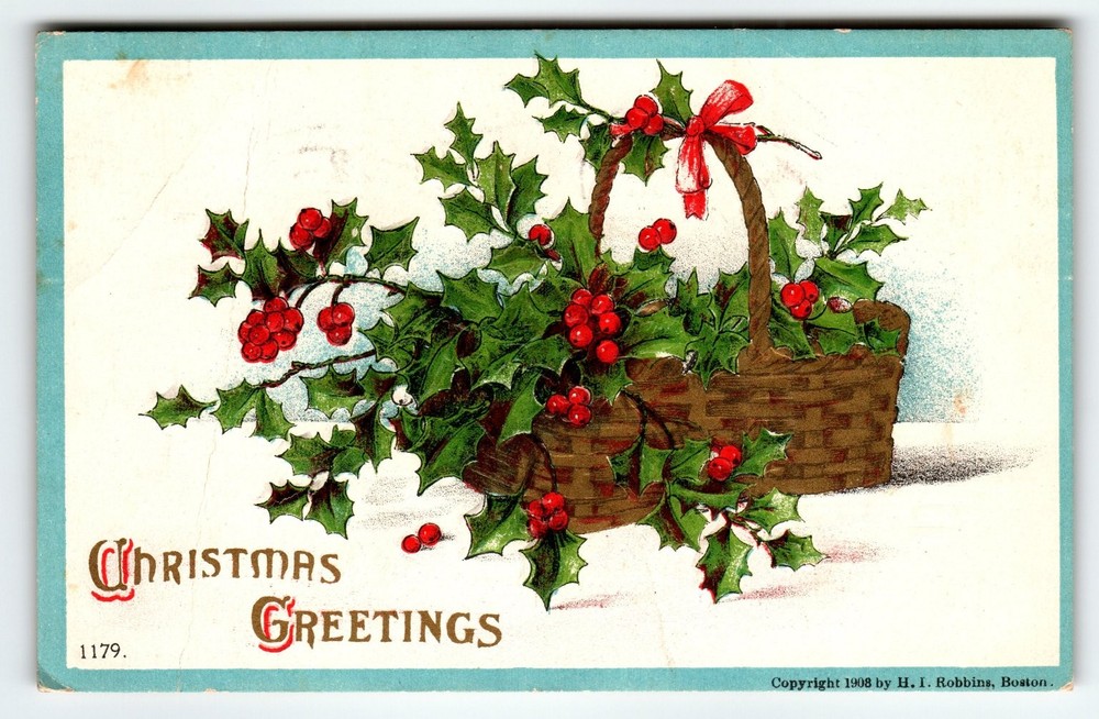 Vintage 1908 Christmas Greetings Postcard with Holly Basket Embossed