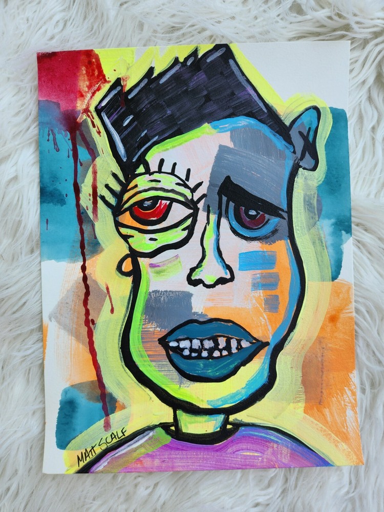 Matt Scalf Abstract Face Graffiti Street Modern Portrait 9x12 ORIGINAL PAINTING-image