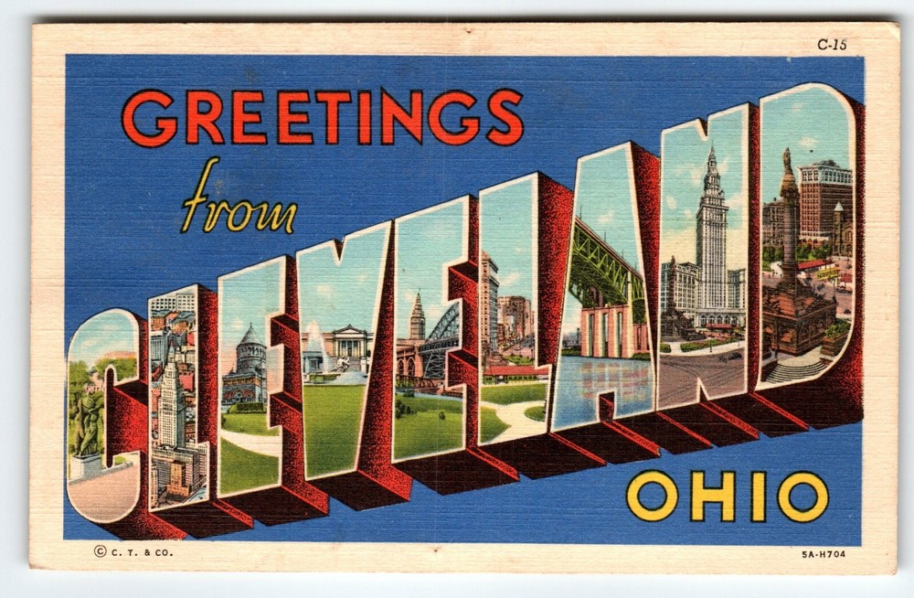 Greetings From Cleveland Ohio Large Big Letter Linen Postcard Curt Teich Unused
