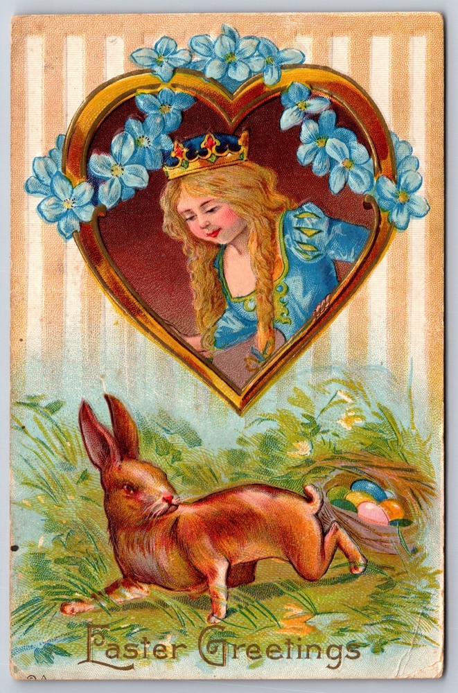 Holiday~Easter Greetings~Girl w/Crown In Heart Frame~Rabbit~Eggs~1912 Postcard