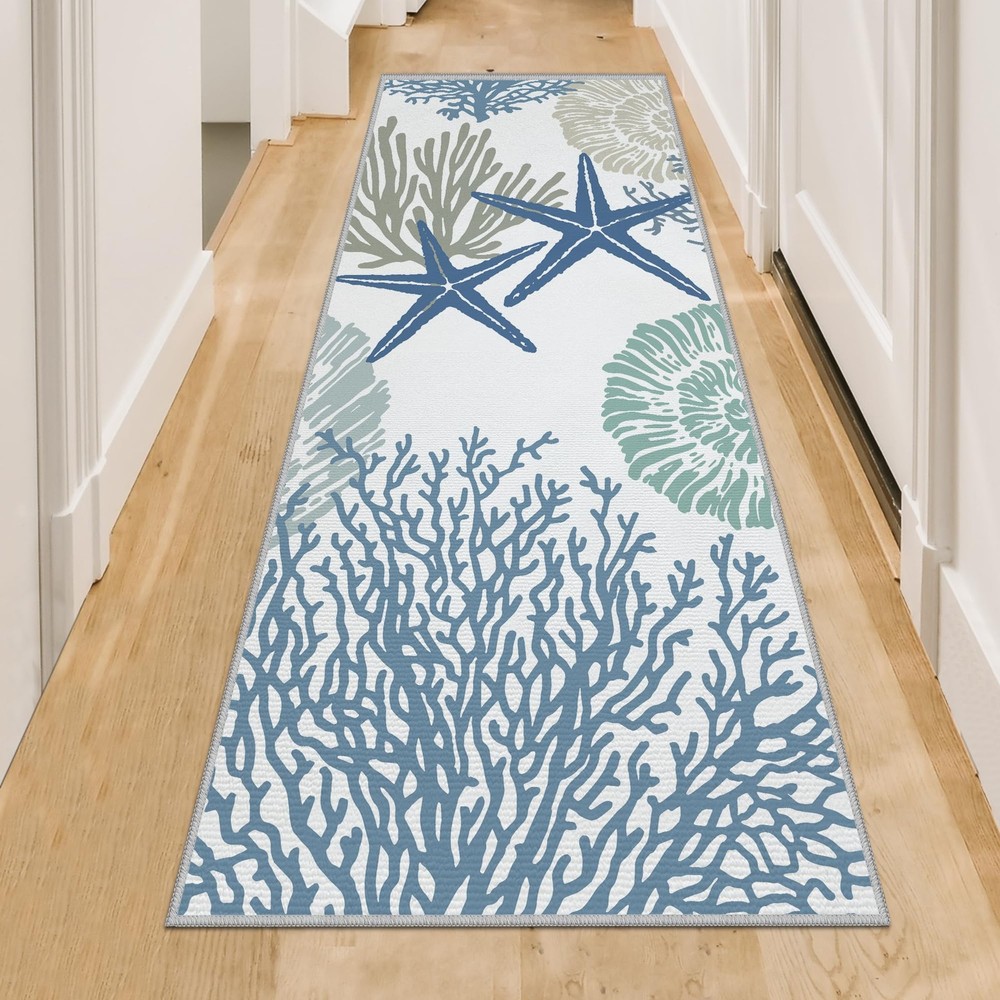 Coastal Runner Rug 2x6 Nautical Kitchen Hallway Rugs Beach Themed Non-Slip In...