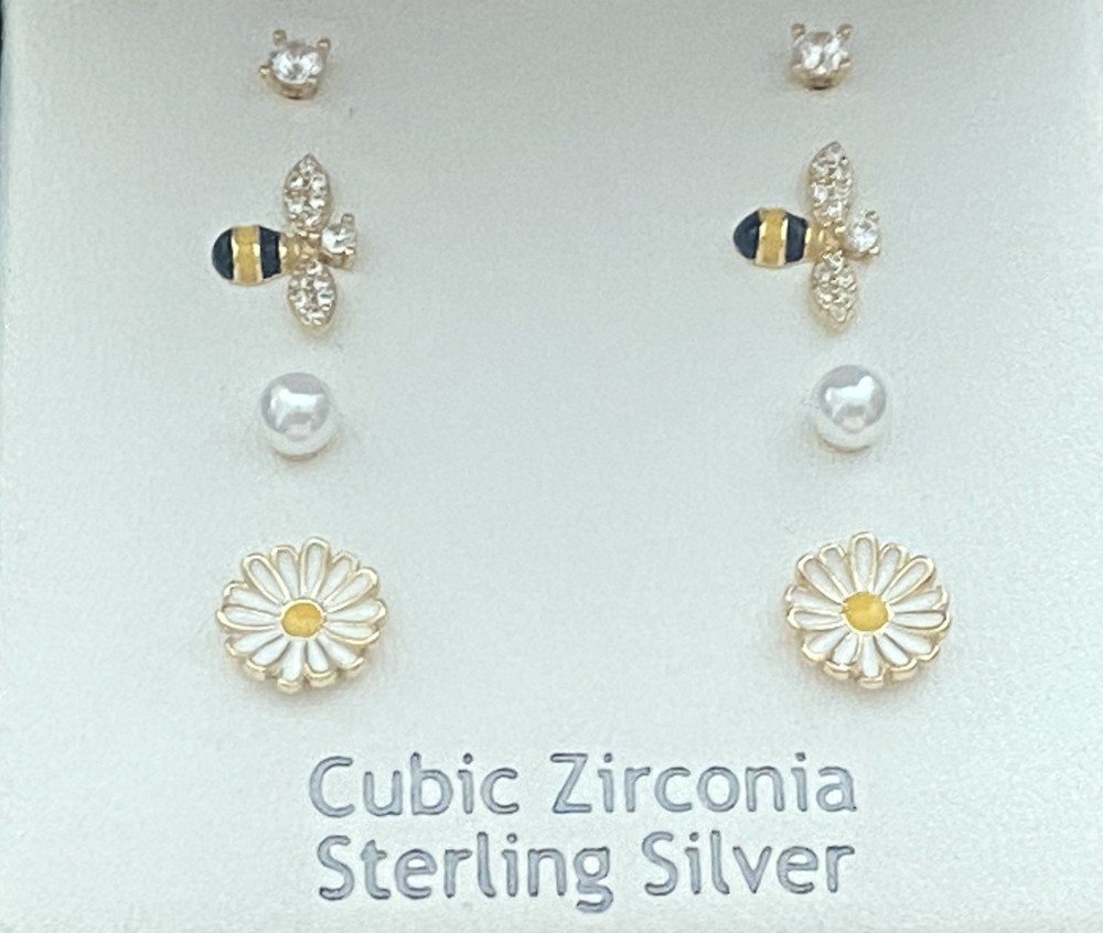 4 PR NIB Nanette Lepore Cubic Zirconia Sterling Silver Bee 🐝 Daisy 🌼 Earrings