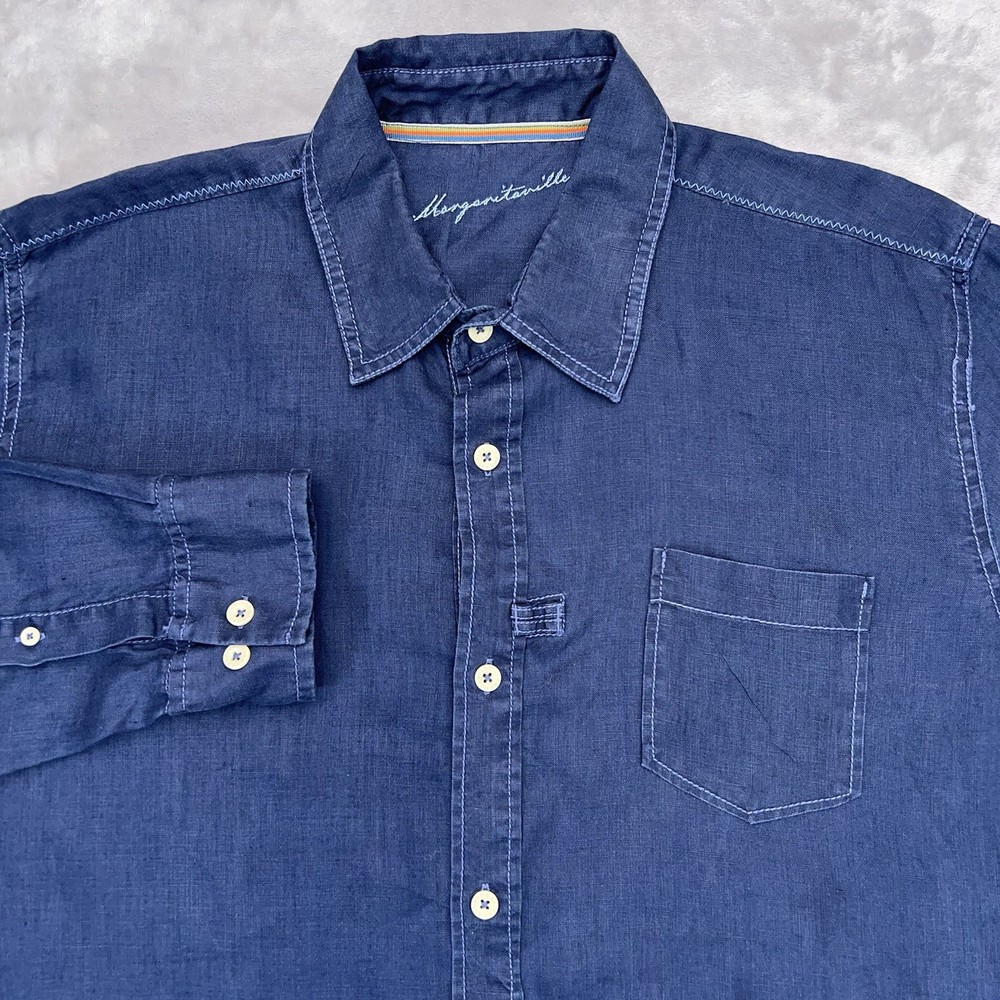 MARGARITAVILLE Shirt Men's 2XL 100% Linen Blue Button Up Roll Tab Long Sleeve