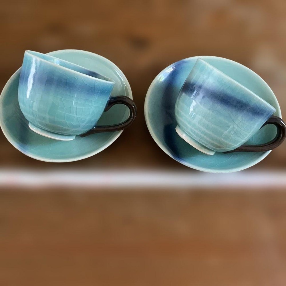 Shigaraki Ware Cup & Saucer Set for Two Japanese Pottery /