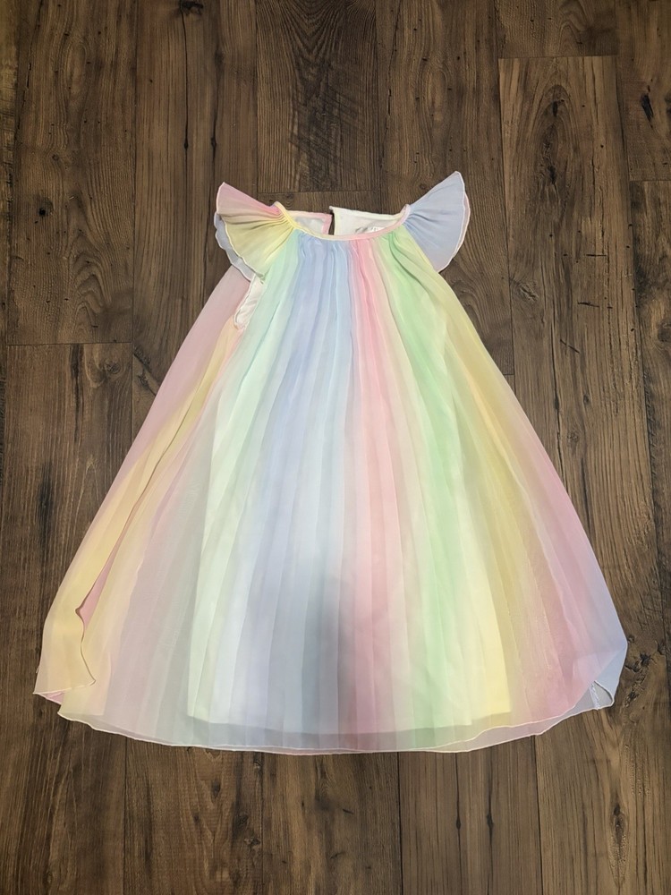 Rare Editions Girls Rainbow Striped Tulle Flutter Sleeve Long Dress Size L