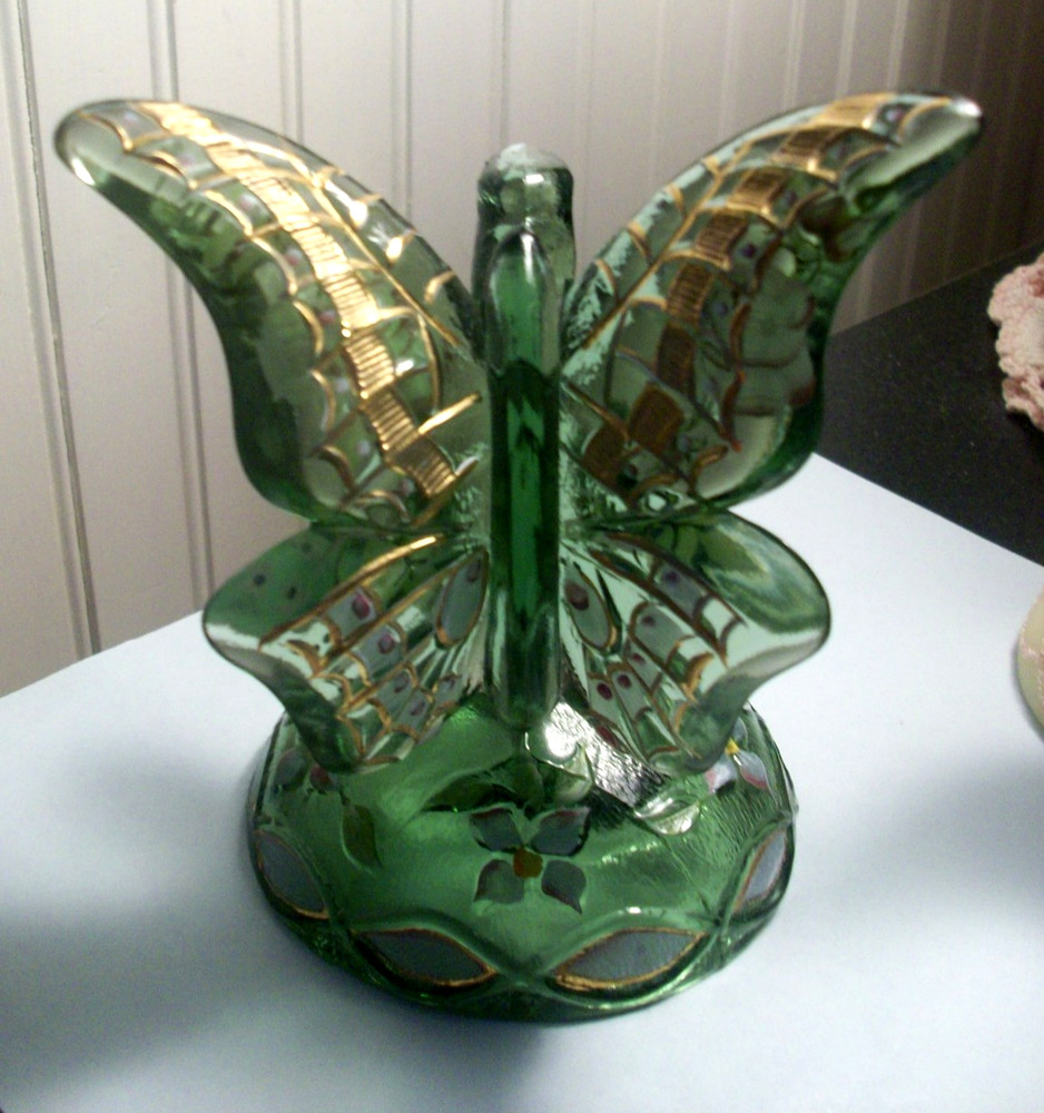 FENTON polished green art glass butterfly on branch H.P. gold & floral  Sponsler
