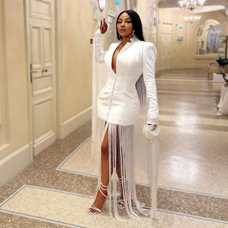 Spring/Autumn Women's Deep V Neck Sexy Waist Tight Long Sleeve Tassel Dress