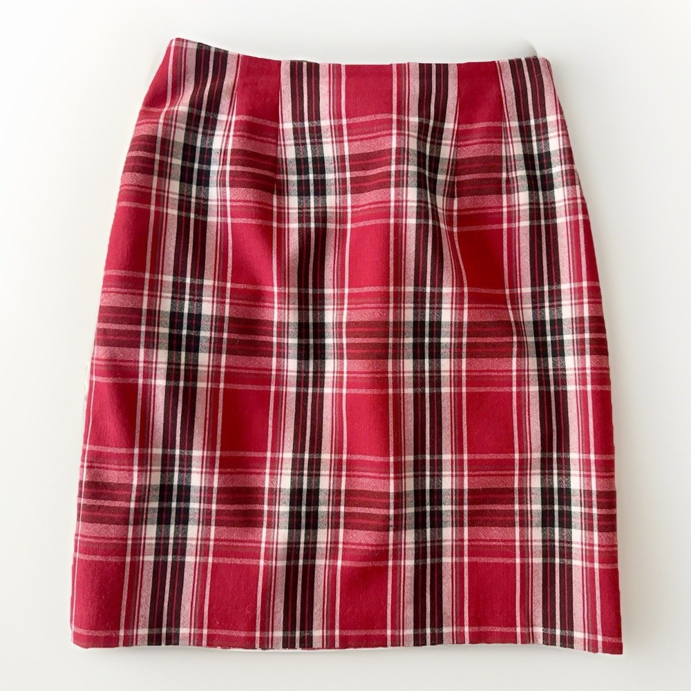 Vintage 90’s Red Black White Plaid 100% Wool Knee Length Pencil Skirt Sz 6P