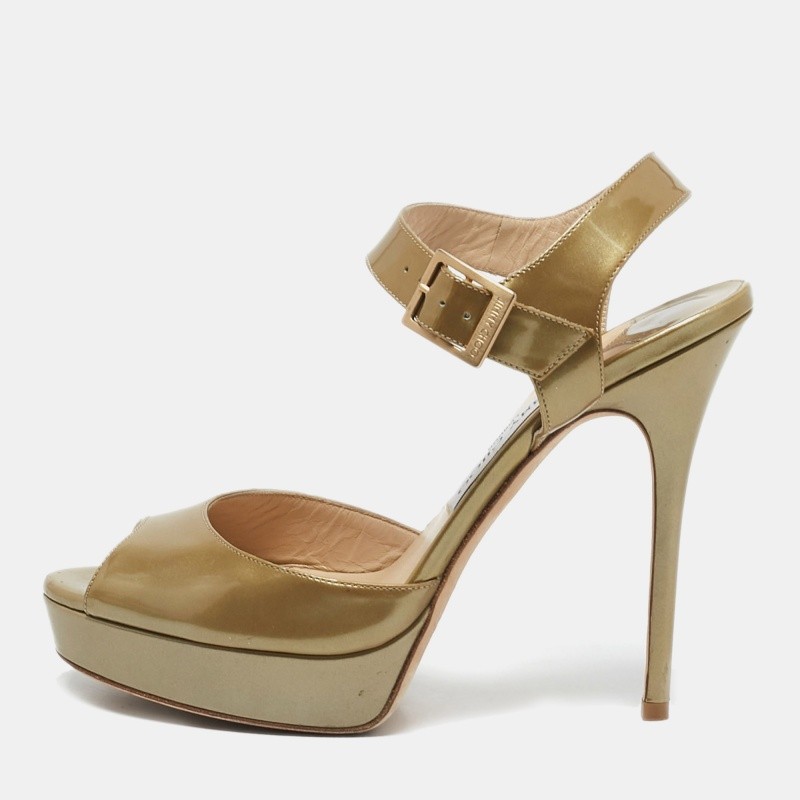 Jimmy Choo Metallic Green Patent Leather Linda Platform Sandals with Ankle Strap