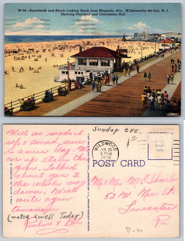 1958 Wildwood NJ Boardwalk Beach Playland Convention Hall Linen Postcard