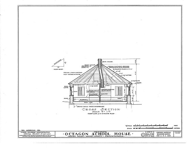 Whites Valley Pennsylvania 1900s Octagon School House cross section blueprint