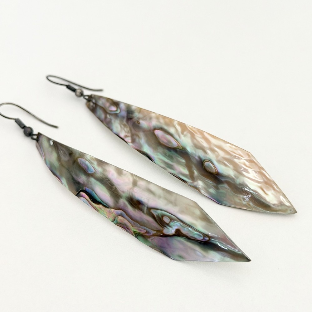 Vintage Genuine Abalone Shell Carved Fan Big Long Statement Dangle Earrings 4