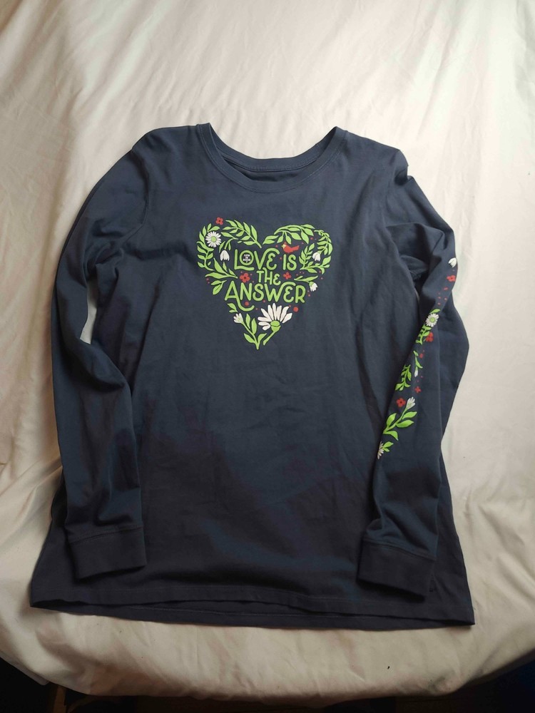 Life Is Good Crusher Tee Womens Large Blue Love Is The Answer Heart Graphic
