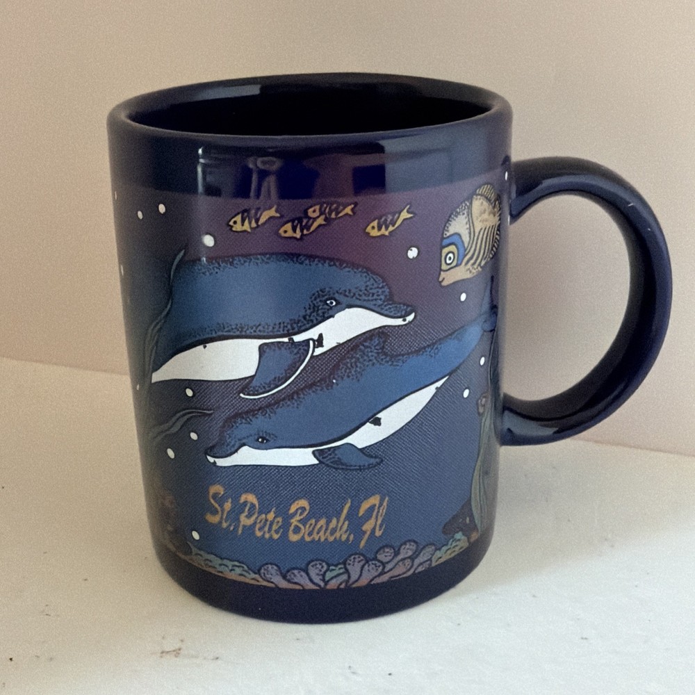 St Pete Beach Florida Dolphin Fish Cobalt Blue Mug Cup Ceramic Souvenir