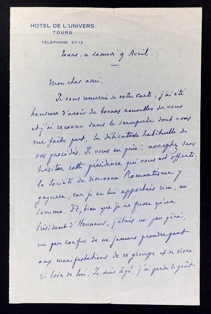 André FOULON DE VAULX, Poet - AUTOGRAPH LETTER SIGNED ON ROMANTICISM, Tours