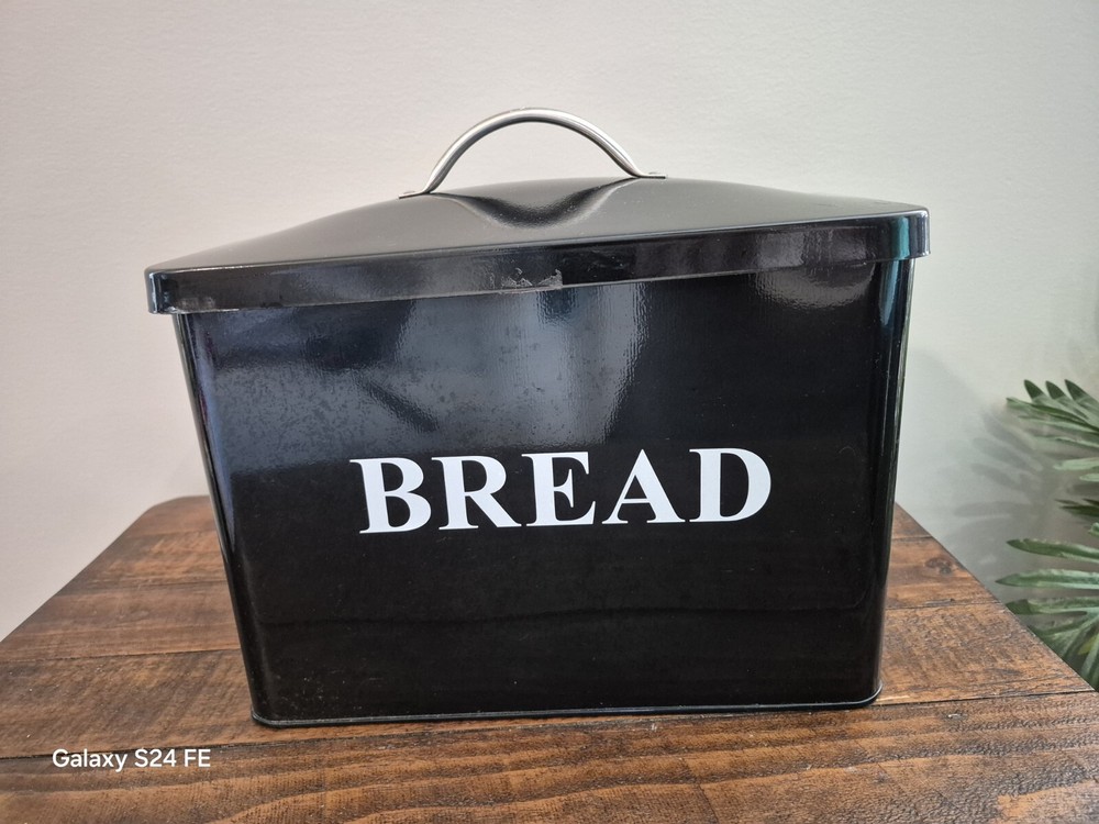 Countertop Black Metal Bread Box with Lid & Handle