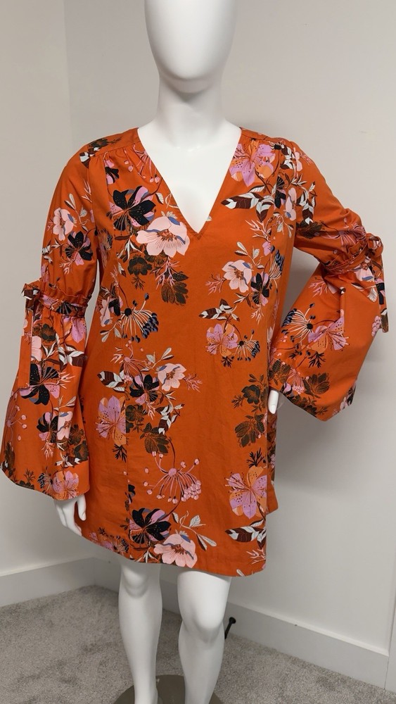 Free People Orange Floral Boho Mini Dress Large Bell Sleeve 100% Cotton