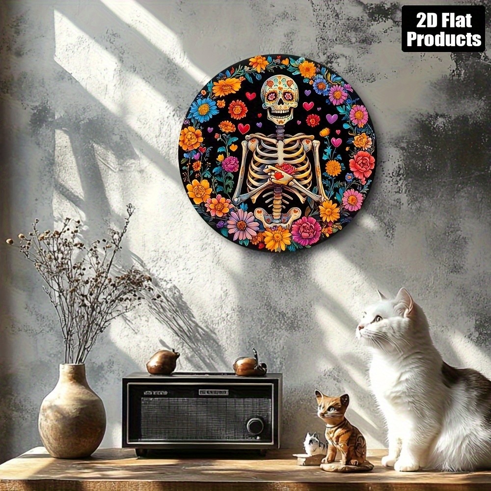Halloween Skull Theme Round Aluminum Metal Sign 8x8inch