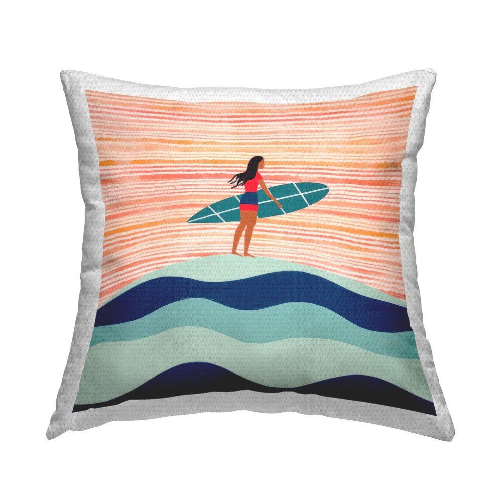 Blue 18x18 Female Surfer Patterned Outdoor Printed Throw Pillow