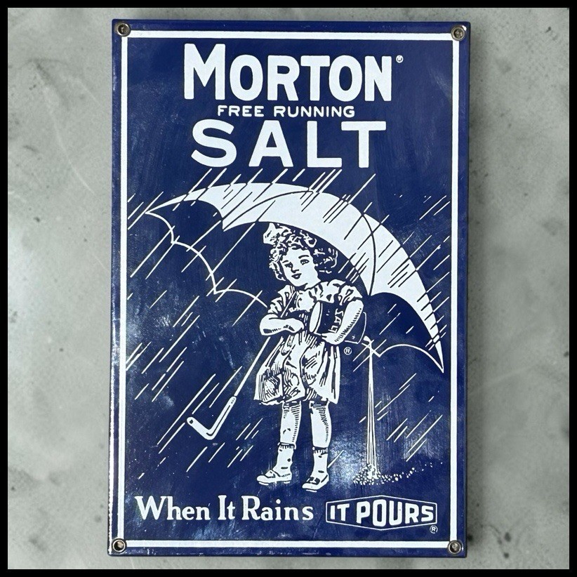 Vintage Ande Rooney Morton Salt Porcelain Enamel Sign When It Rains It Pours