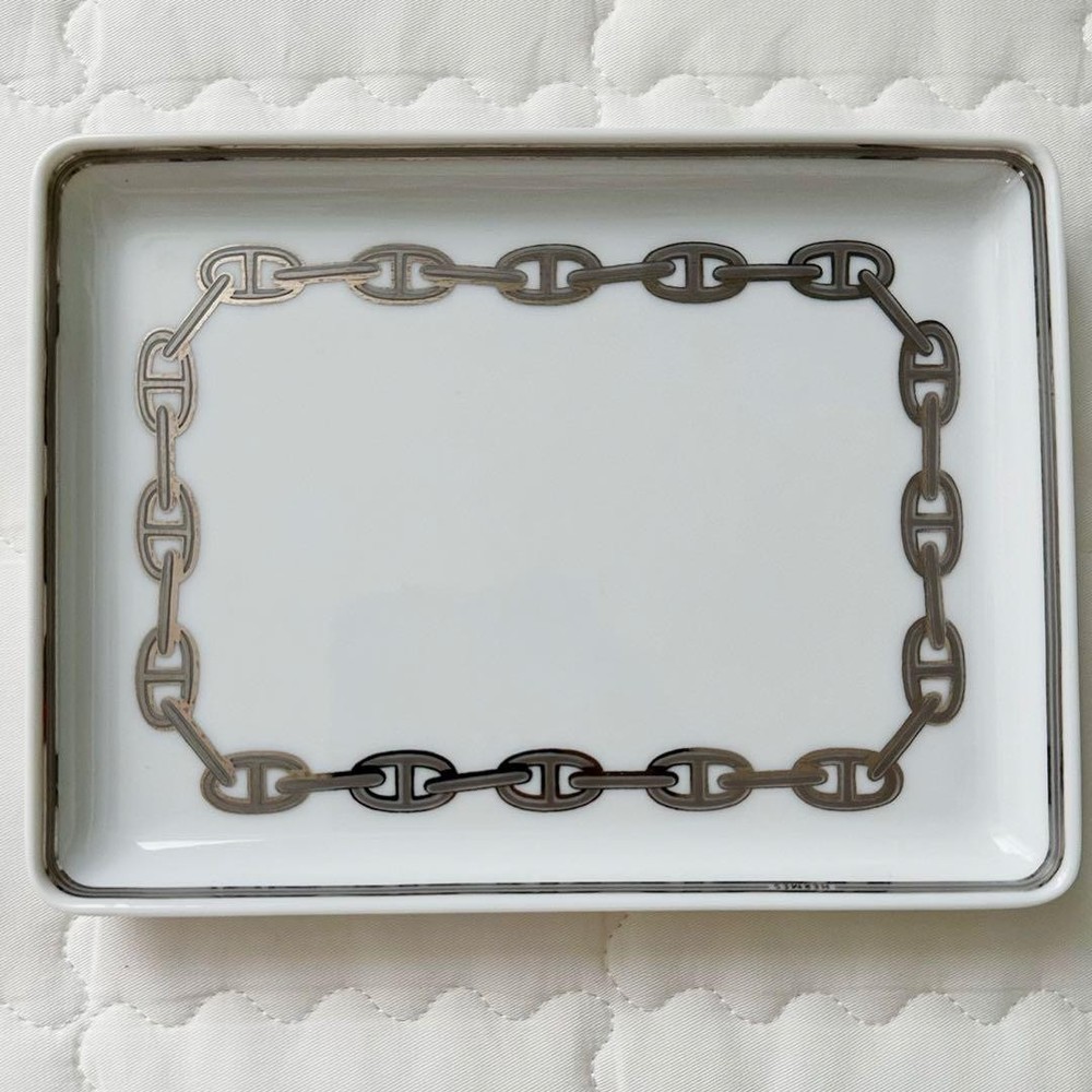 Hermes Chain d’ancre Platinum Plate Tray Porcelain 16x12x1.5cm No Box Used