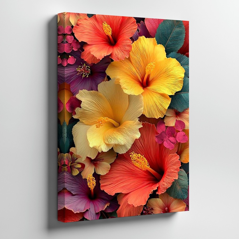 Vibrant Tropical Hibiscus Flowers Canvas Wall Art Colorful Floral Print Home