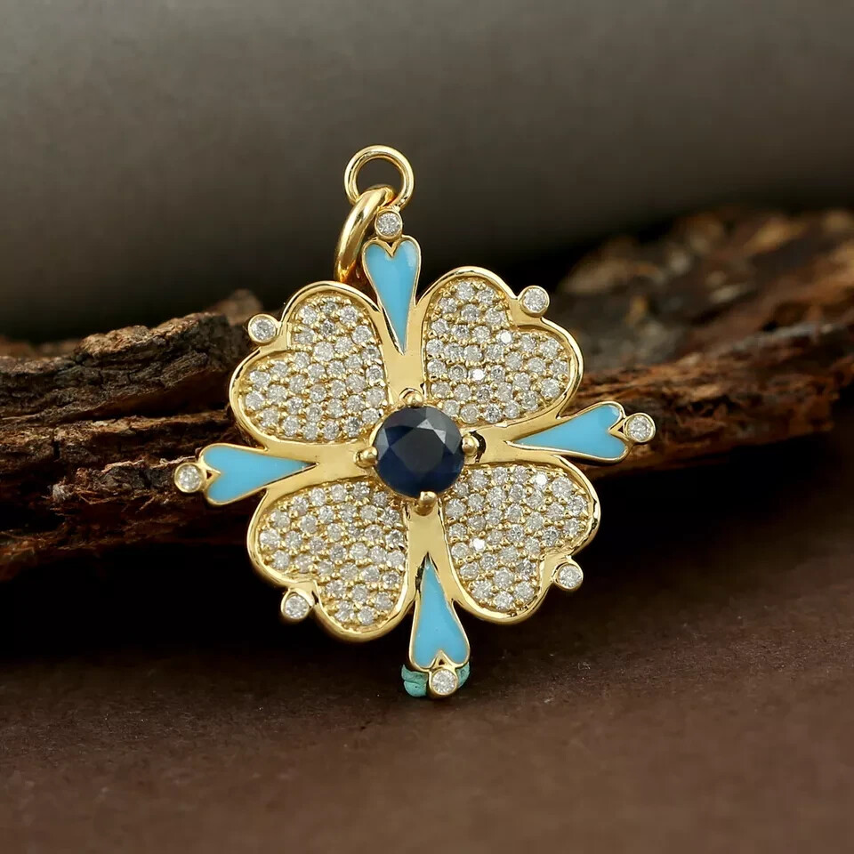 Clover Pendant with Diamond and Blue Sapphire in 925 Sterling Silver for Women