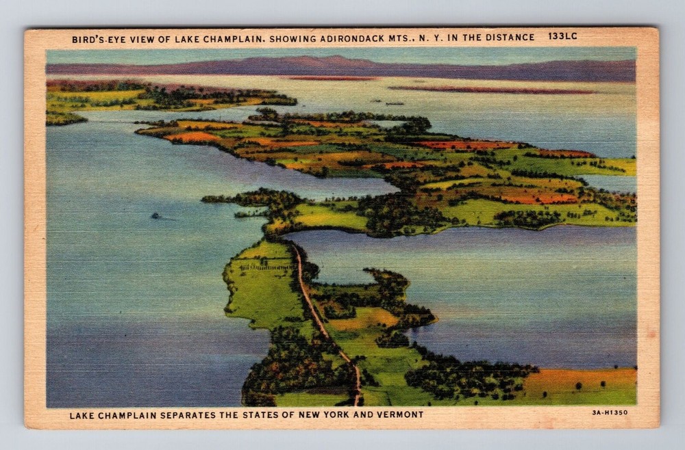 Adirondack Mts NY-New York, Birds Eye Lake Champlain, Vintage Souvenir Postcard