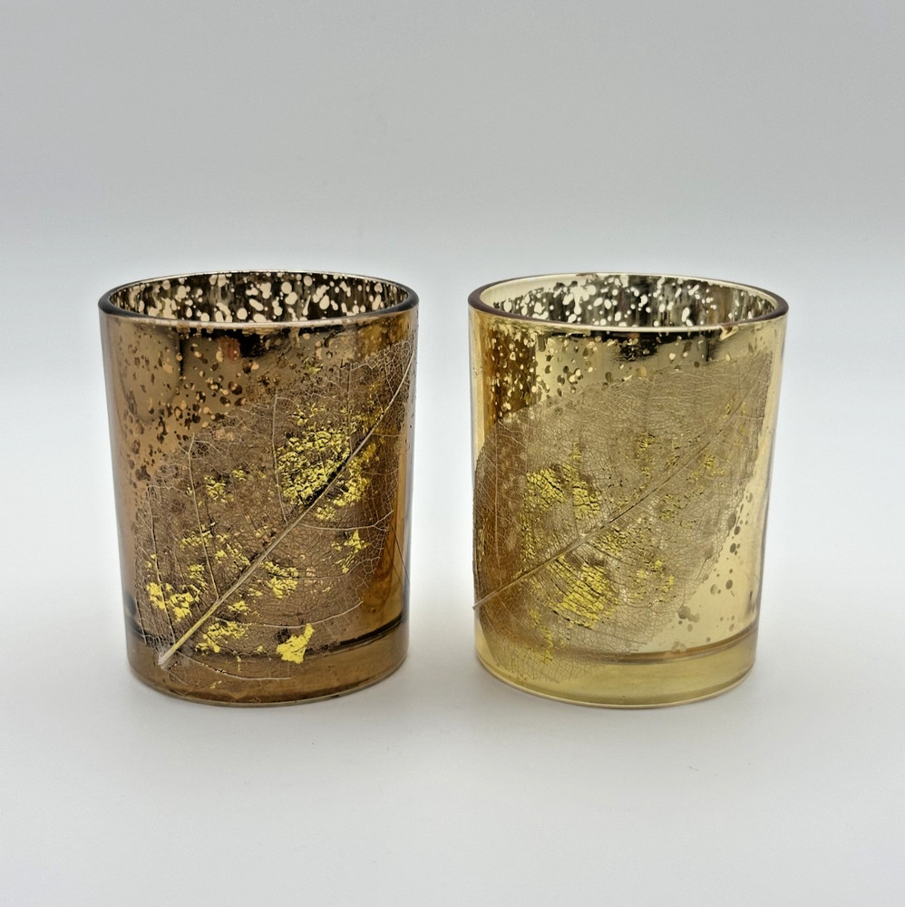 Ganz Mercury Glass Leaf Votive Candle Holders Gold & Amber Fall Decor Set 2