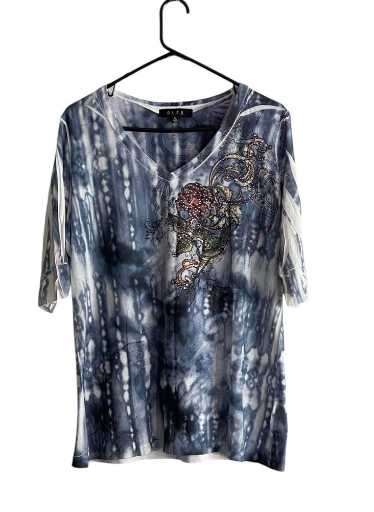 B.L.E.U. Vintage Womens Top Shirt XL Blue Beaded Embellished Rose Floral