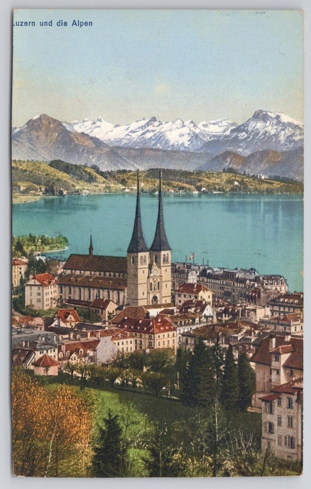 Vintage Lucerne Switzerland Hofkirche Lake Alps Swiss Postcard E. Goetz