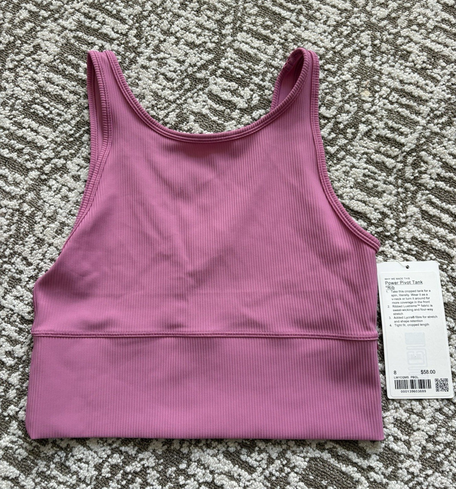 lululemon Power Pivot Rib Tank Bra Pink Women’s Size 8 Wireless Pullover, NWT!