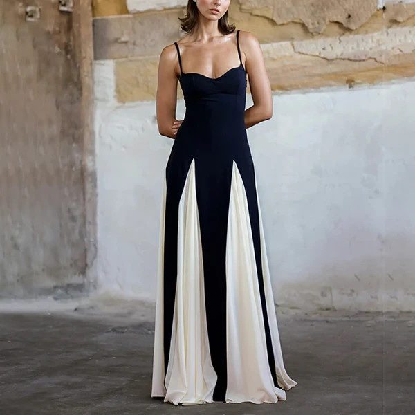 Fashion Contrast V-neck Sling Long Dress Pleated Backless Sleveless Maxi Dresses