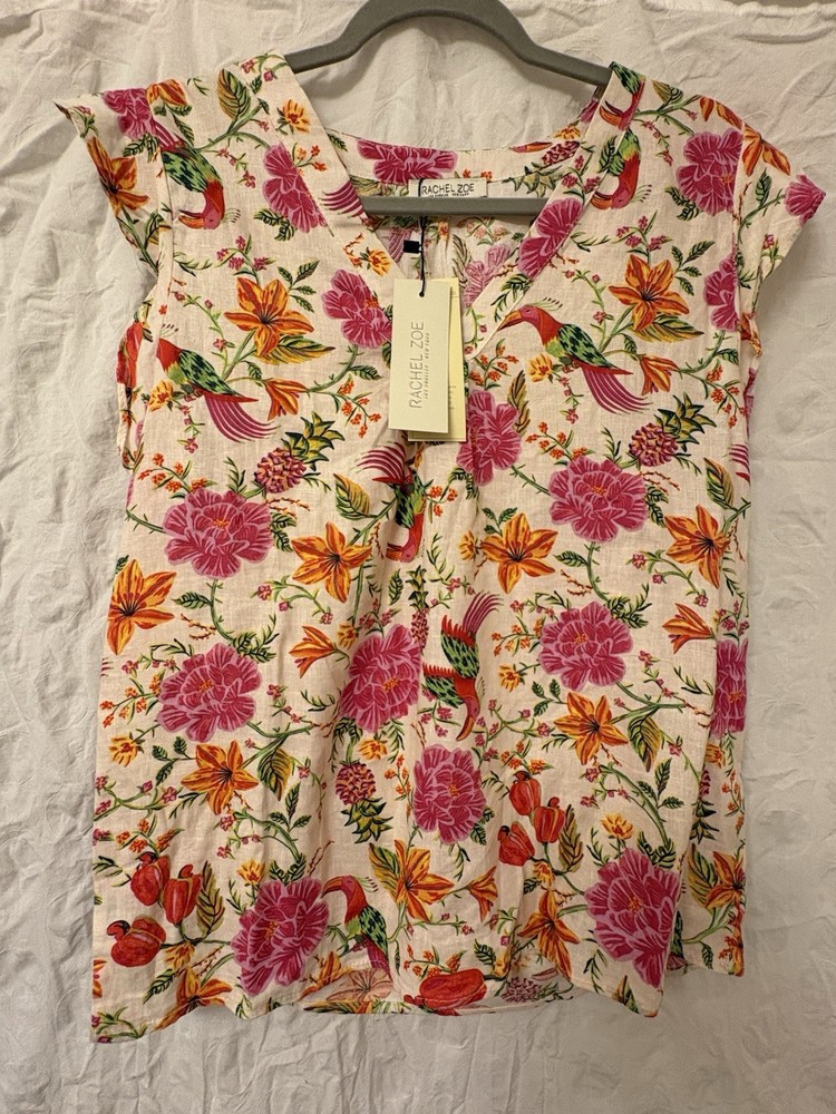 Rachel Zoe Women’s Linen Blend Woven Floral Bird Top. NWT, Small.