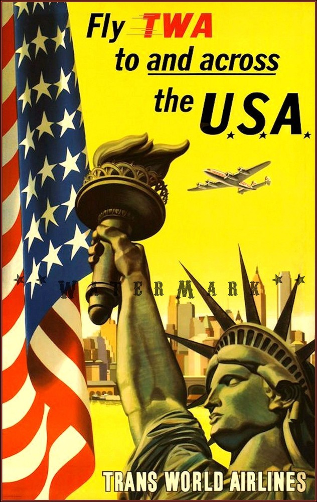 New York City 1950 Statue Of Liberty TWA Vintage Poster Print Travel USA