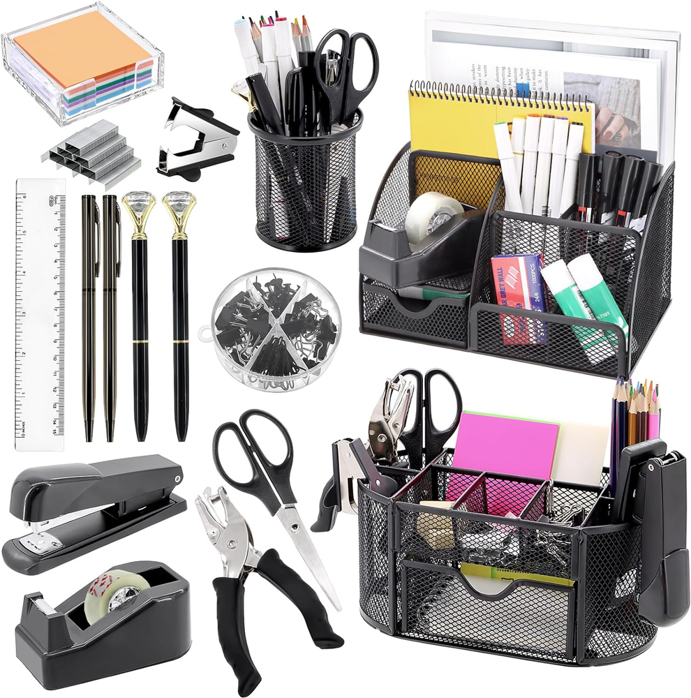 17 in 1 Black Desk Organizers and Accessories Set, 3 Office Desk Supplies Storag