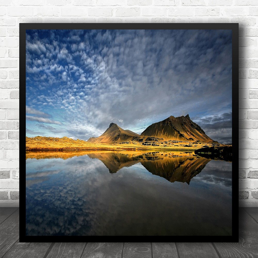 Landscape Nature Akrafjall Iceland Sky Clouds Reflection Mirror Square Art Print