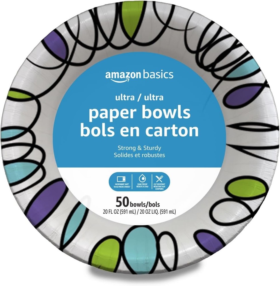 Amazon Basics Ultra Paper Bowls, 20 Oz, Disposable, 50 Count, 50 White