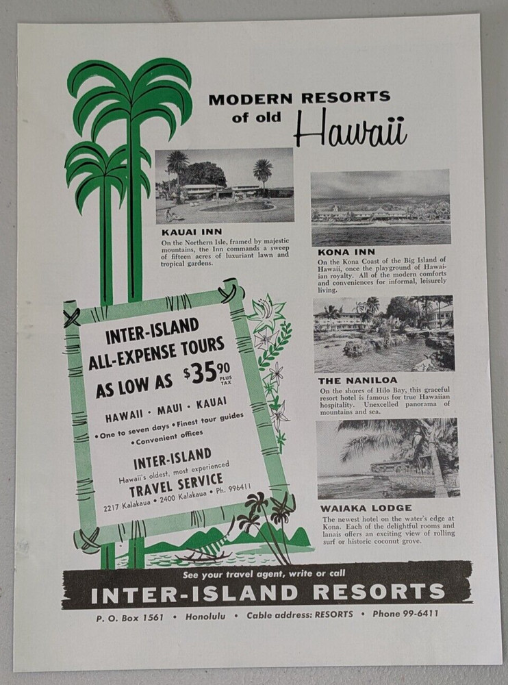 1957 Inter Island Resort Vintage Print Ad Hawaii Kauai Kona Hilo Bay Tour Travel