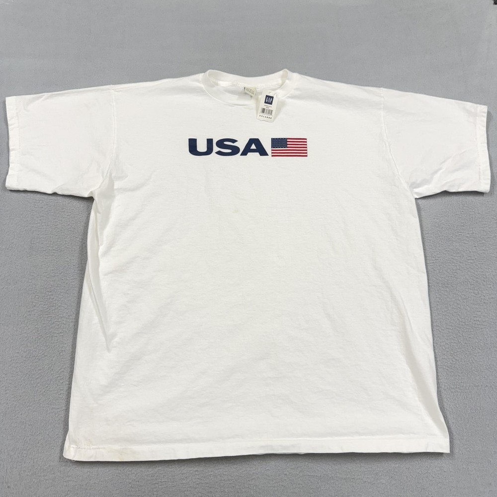 Gap USA Flag Shirt Mens 2XL White Graphic Logo Tee Made USA Patriotic Crewneck